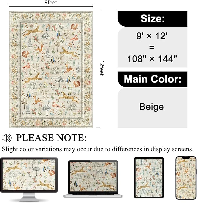 DUKINO 9x12 Area Rug for Living Room, Washable Animal Rug Non Slip, Non-Shedding - Image 2