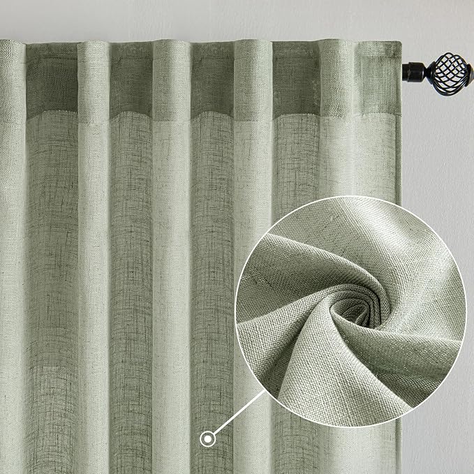 MIULEE Sage Linen Curtains 52x54 Inch Long 2 Panels of Green Window Drapes | - Image 2