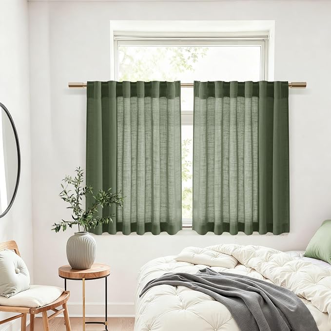 Linen Kitchen Curtains 30 Inches Long 2 Panels Olive Green Semi Sheer Short - Image 6