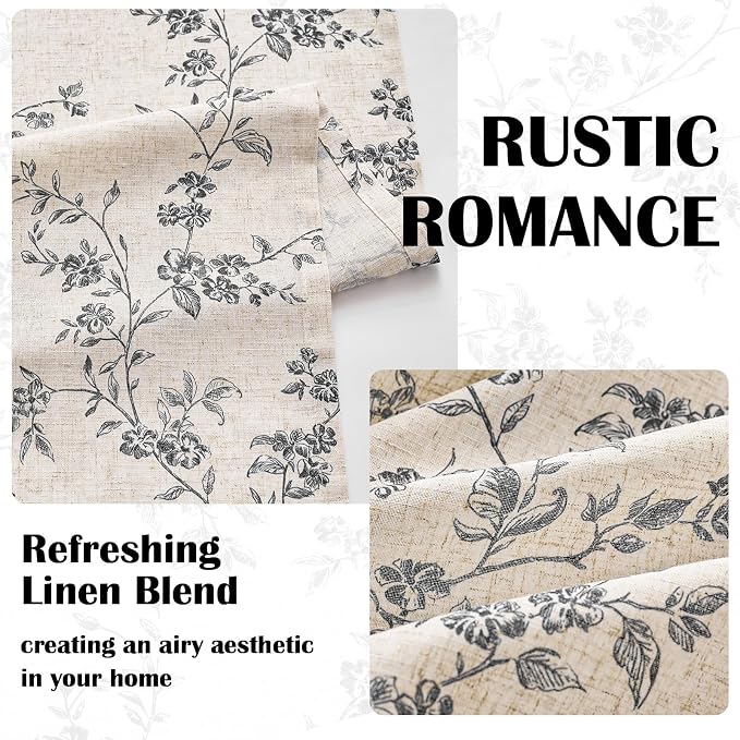 Extra Long Black Vintage Floral Linen Curtains Farmhouse 2 Panels | Elisa Series - Image 5