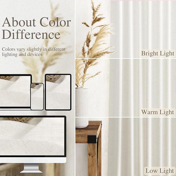 Beige White Linen Curtains for Living Room 94 Inches Long Back Tab and Rod - Image 3