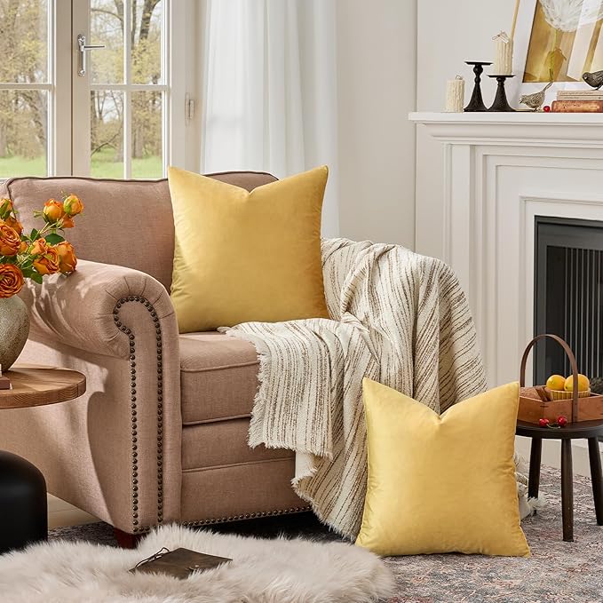 GIGIZAZA Yellow Velvet Pillow Covers 18x18 Decorative Pillows Pack of 2 | Throw - Image 3
