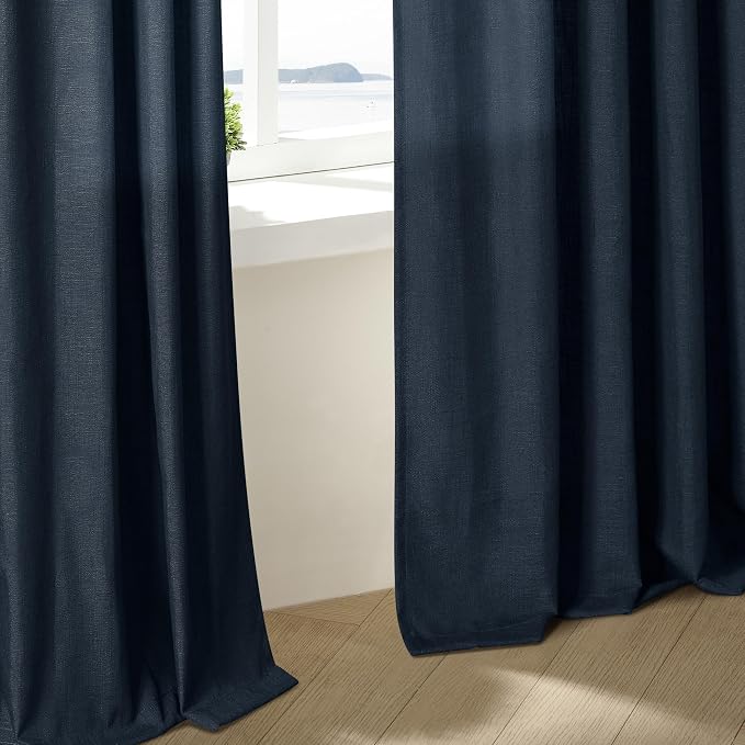 Navy Blue Linen Pinch Pleated Curtains 96 Inches Long 2 Panels | Semi Sheer - Image 8