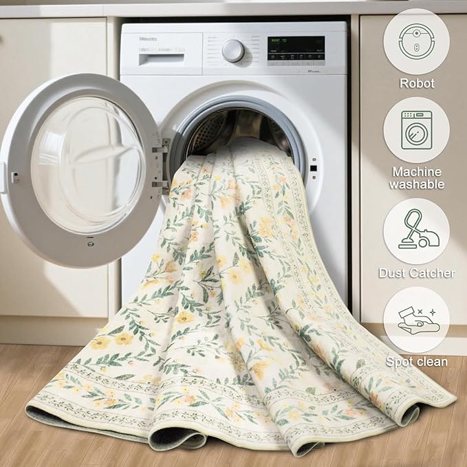PLHXFR 2.6x14 Washable Runner Rug：Floral Indoor Kitchen Carpet Beige Multi | - Image 8