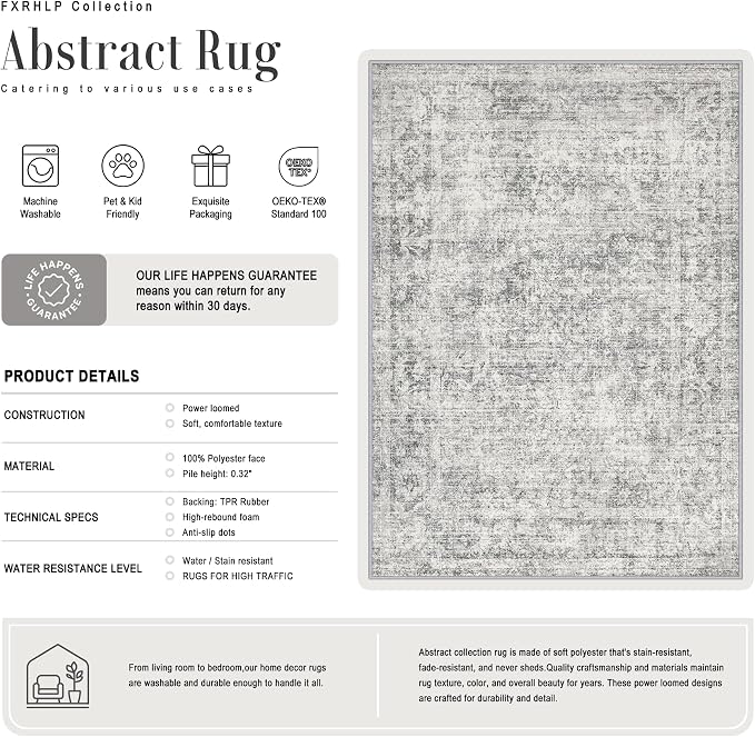 2x3 Washable Entryway Rug: Modern Abstract Soft Carpet Black Grey | - Image 3