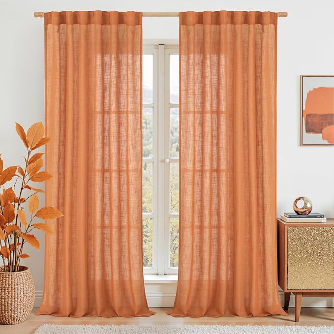102 Inches Long Linen Curtains for Living Room Bedroom 2 Panels | Semi Sheer by LAMIT