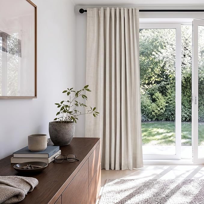 Linen Textured Total Blackout Sliding Door Curtains 108 Inches Long, Cream | - Image 6