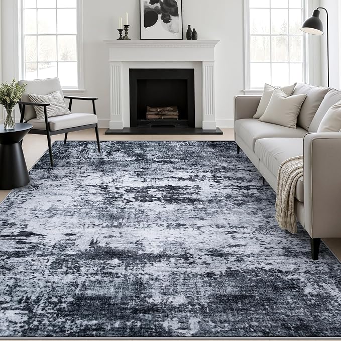 Area Rug Living Room: 8x8 Modern Washable Indoor Carpet Black | by FXRHLP