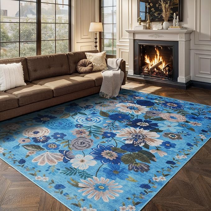Area Rugs 9x12 Living Room Washable Rug | Non Slip Floral Low Pile Large Rug - Image 6