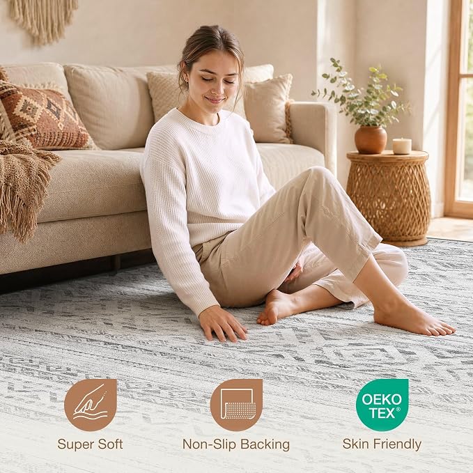 cotiled Boho 7x9 Area Rug for Living Room: Large Moroccan Washable Rug | Solve - Image 3