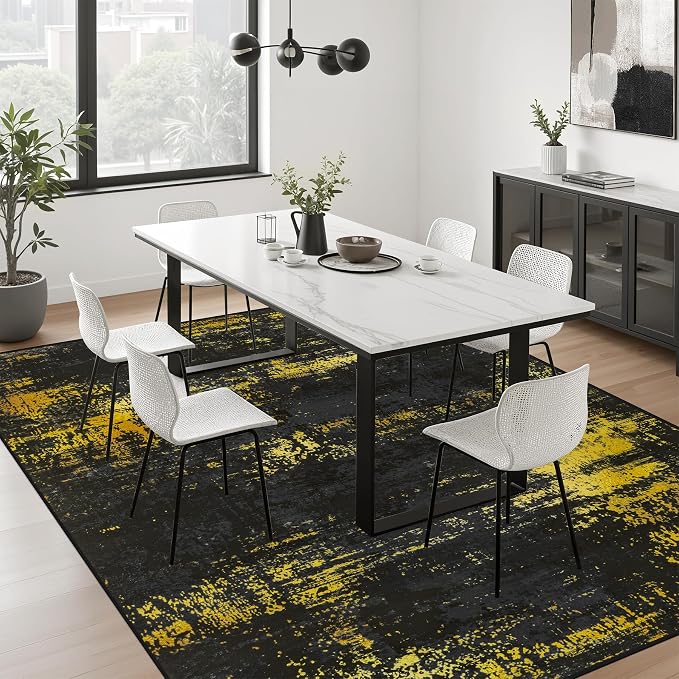 9x12 Area Rug Living Room: Modern Washable Soft Carpet Black Gold | - Image 4