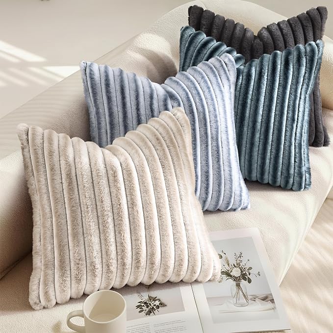 decorUhome Fall Faux Fur Throw Pillow Covers 22x22 Set of 2 Dark Grey | - Image 4