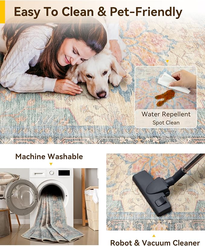 RELEANY Washable Area Rug, Water Repellent, Pet Friendly, Vintage Floral Boho - Image 5