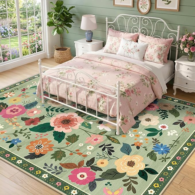 RELEANY Floral Washable 5x7 Area Rugs LightGreen | Flower Carpet Print Boho - Image 6