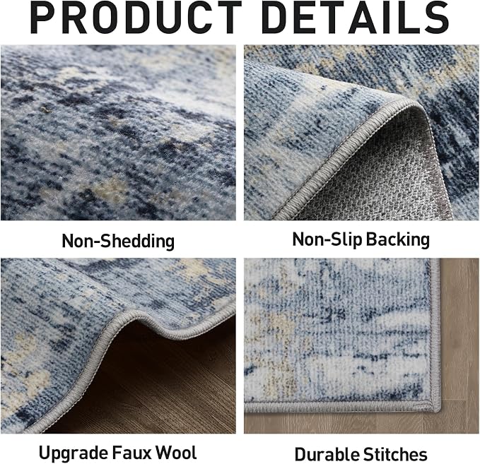 6x9 Area Rugs for Living Room: Washable Abstract Blue Gold Badroom Carpet | - Image 5