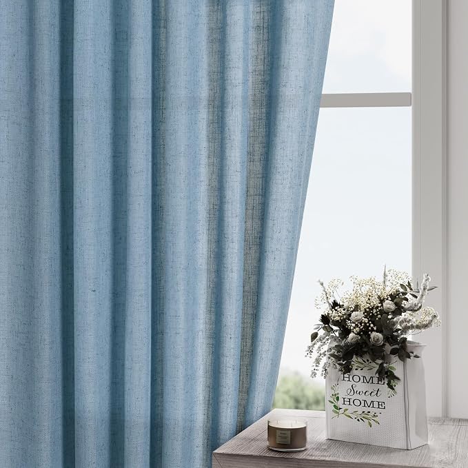 Blue Curtains 80 Inches Length for Living Room Back Tab Rod Pocket Semi Sheer - Image 2
