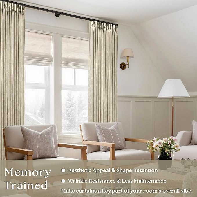 92 Inch Beige Flax Linen Curtains Pinch Pleated 2 Panels Set | Memory Training - Image 4