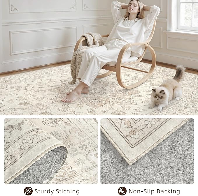 4x6 Area Rugs Living Room: Bedroom Washable Carpet Beige White | Vintage Boho - Image 4