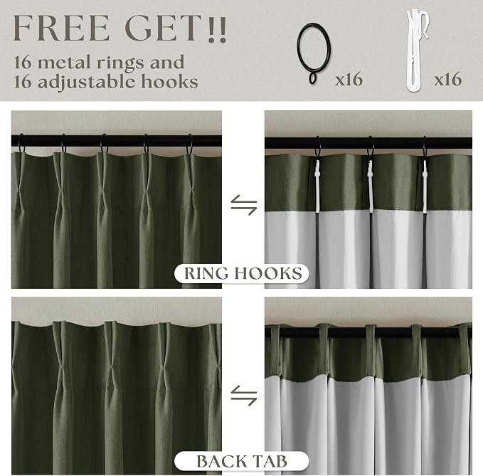 Olive Green Pleated Linen Blackout 102 Inch Curtains - Image 6