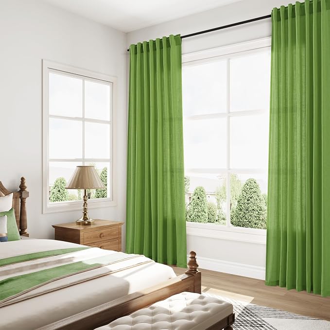 Lime Green Linen Blend Light Filtering Back Tab Curtains 108 Inches Long - Image 8
