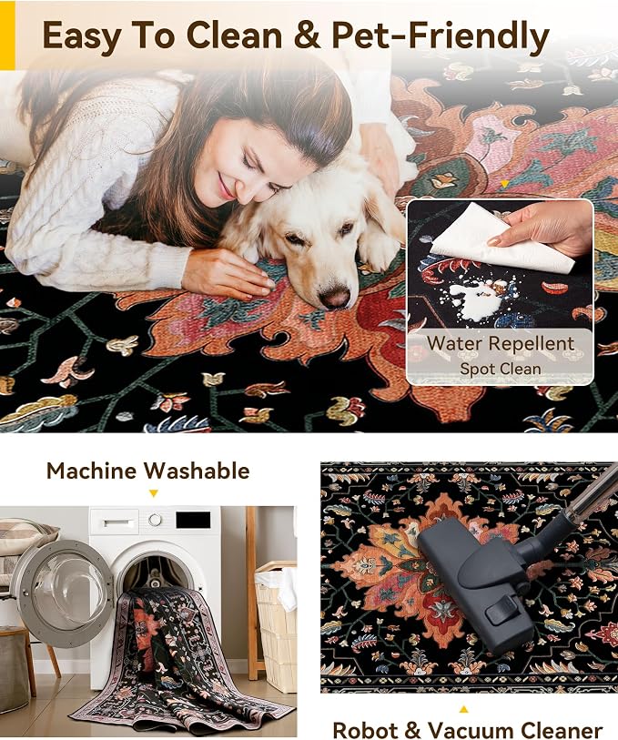RELEANY Washable Area Rug, Water Repellent, Pet Friendly, Vintage Floral Boho - Image 7