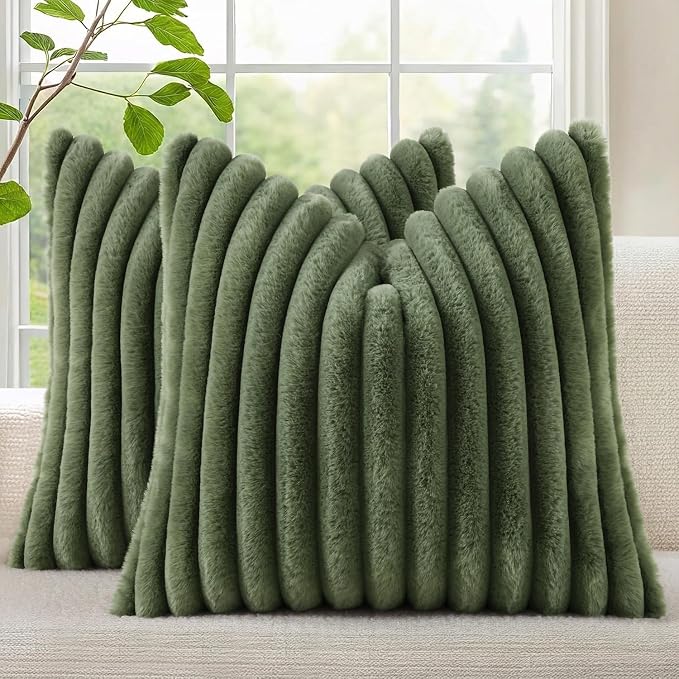 decorUhome Fall Faux Fur Throw Pillow Covers 26x26 Set of 2 Olive Green | by decorUhome