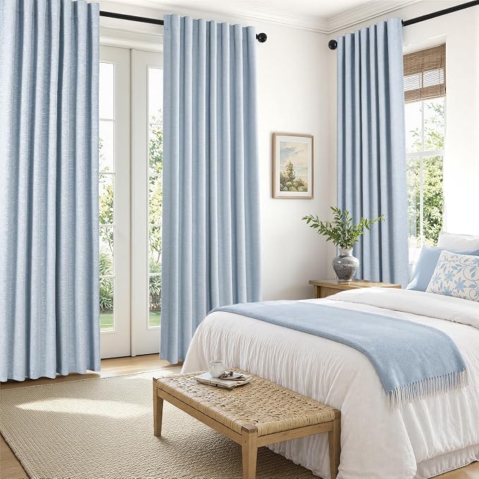 Light Blue 95 inch Bedroom Living Room Curtains 2 Panels 100% Blackout Linen - Image 6