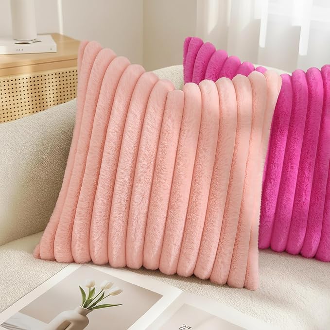 decorUhome Fall Faux Fur Throw Pillow Covers 26x26 Set of 2 Blush Pink | - Image 4