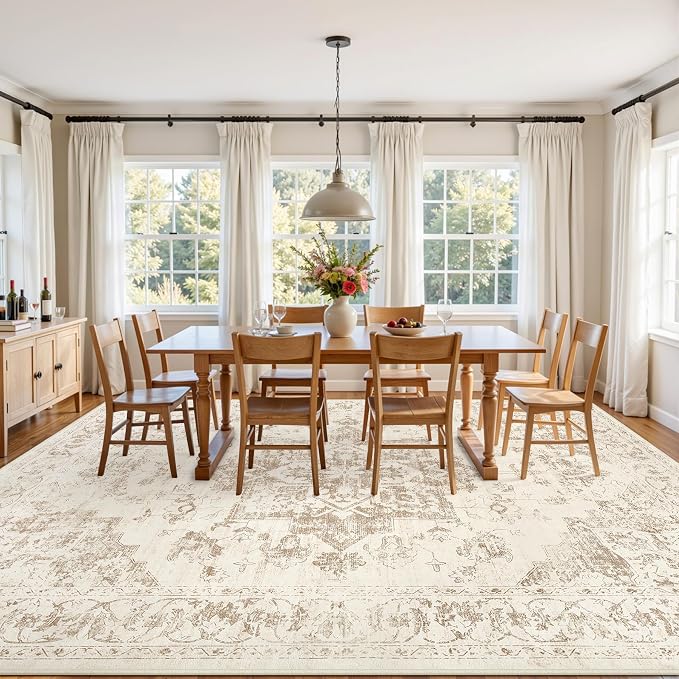 4x6 Area Rugs Living Room: Bedroom Washable Carpet Beige/Ivory | Vintage Boho - Image 9