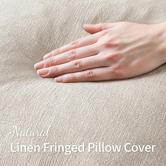 MIULEE Linen Fringe Decorative Euro Pillow Covers Natural Beige 24x24 | Set of 2 - Image 2