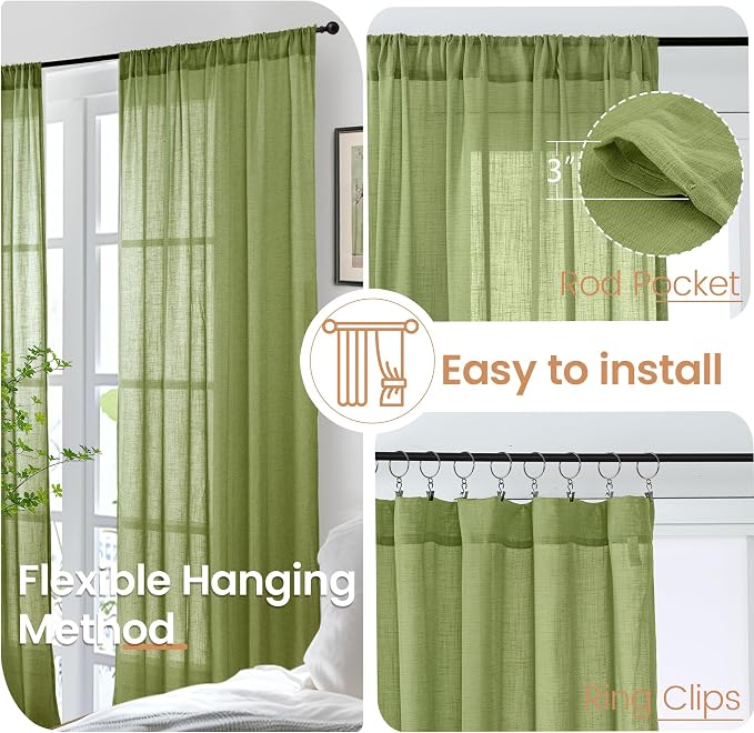 BGment Olive Green Linen Curtains - Image 6