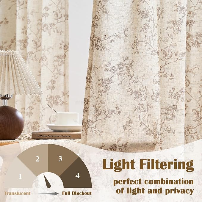 Taupe Vintage Floral Linen Curtains Farmhouse 50W X 90L 2 Panels | Elisa Series - Image 3