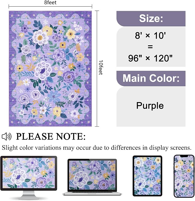 DUKINO 8x10 Area Rugs, Floral Washable Living Room Rug Non Slip, Stain Resistant - Image 2