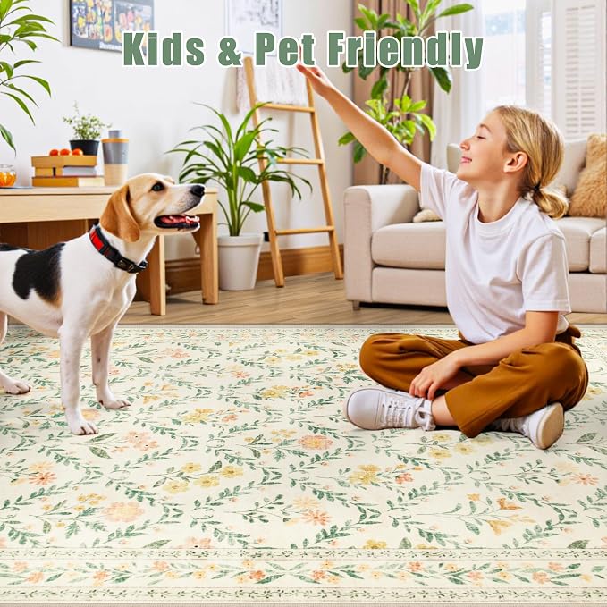PLHXFR Area Rug Living Room: 5x7 Floral Washable Boho Carpet Beige Multi | - Image 8