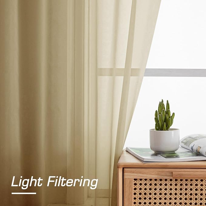 Gold Sheer Curtains 78 Inch Length 2 Panels Set, Light Filtering Voile Fimly - Image 2