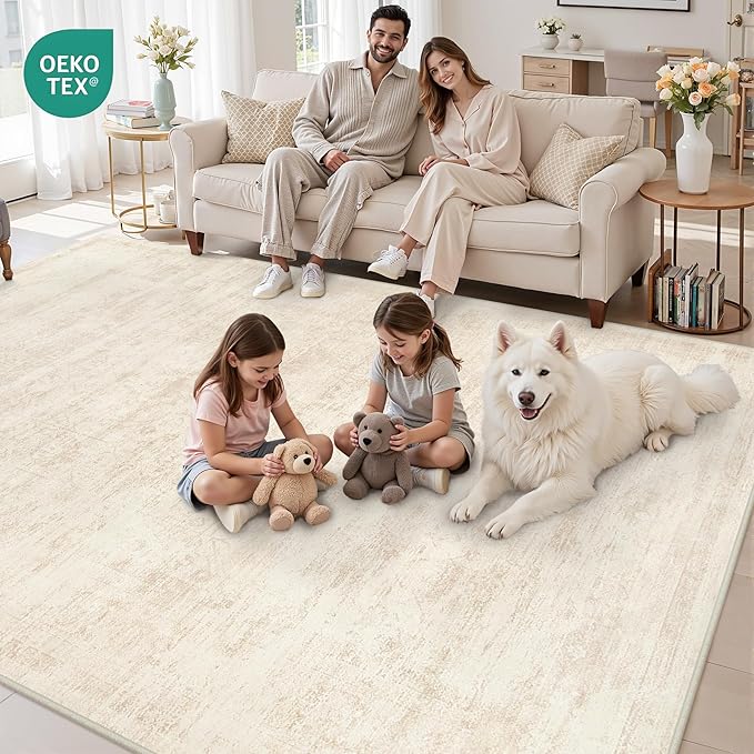 Area Rugs 9x12 Living Room: Bedroom Washable Carpet Retro Beige | Large Vintage - Image 7