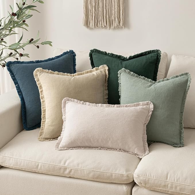 MIULEE Boho Linen Fringe Decorative Throw Pillow Covers Beige 16x16 | Set of 2 - Image 5