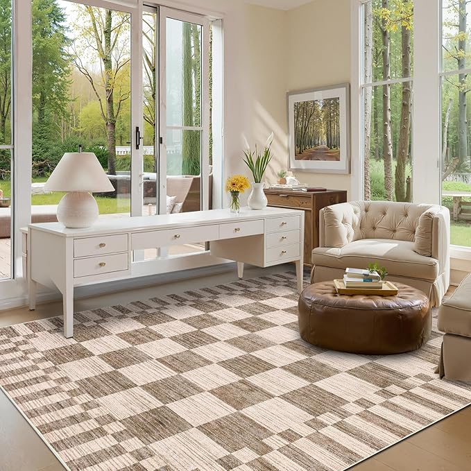 GarveeHome Brown Checkered Rug 5x7 Area Rugs Washable Living Room 5x7 Rug | - Image 3