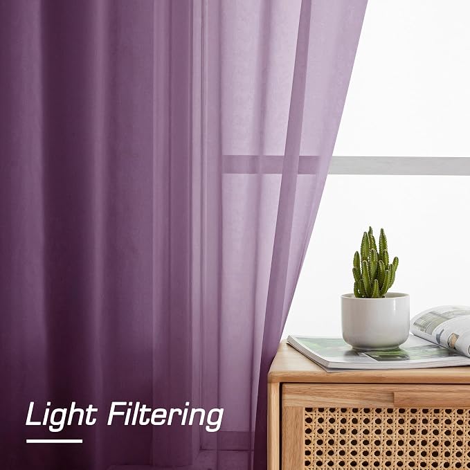 Sheer Curtains 54 Inch Length 2 Panels Set, Plam Clear Sheer Short Curtains - Image 2