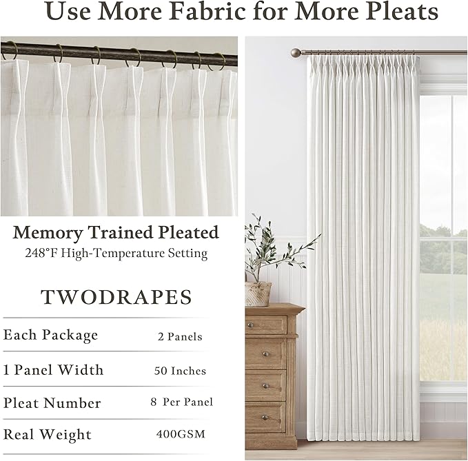100 Inch Light Filtering Linen Pleat Farmhouse Beige Curtains | Pinch Pleated - Image 4