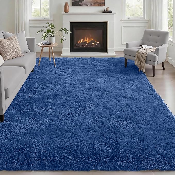 Area Rug Living Room Bedroom: 4x6 Fluffy Plush Shag Carpet Blue | by Luxturiy