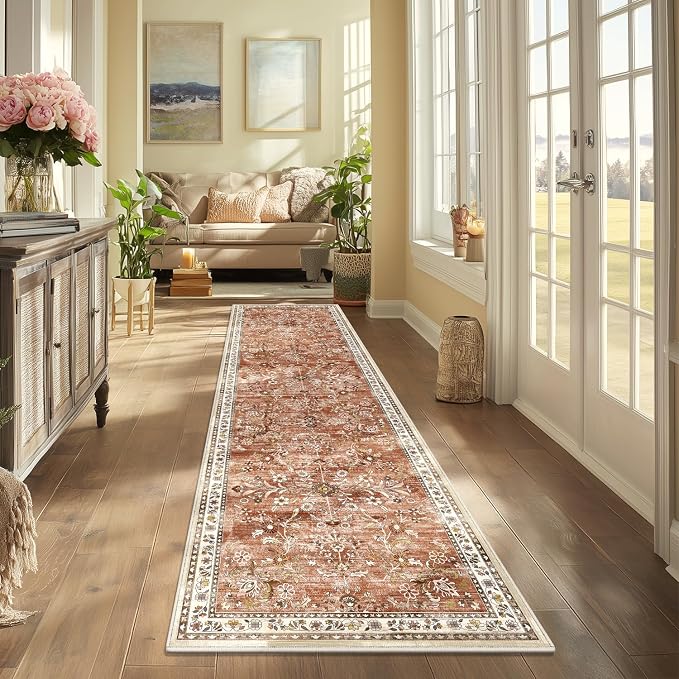Yamaziot 2x12 Washable Hallway Runner Rug Non Slip Floral Carpet, Brick-red | - Image 7