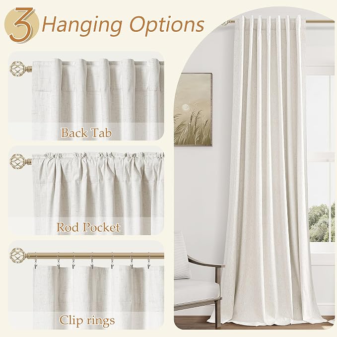 Beige White 100% Blackout Linen Curtains 126 Inch Length 2 Panels Set - Image 6