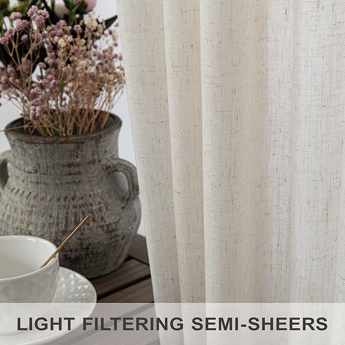 Pitalk 60 Inch Length Linen Curtains Cream Ivory Semi Sheer Light Filtering - Image 5