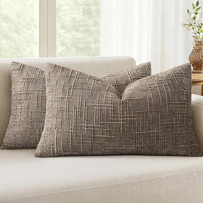 MIULEE Chenille Textured Lumbar Throw Pillow Covers Taupe Grey 12x20 | Set of 2 by MIULEE