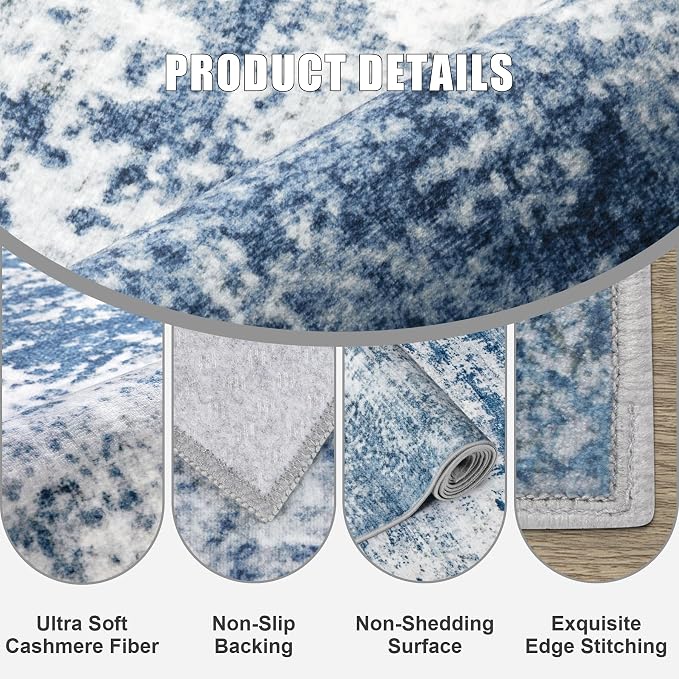 Round Area Rug Living Room: 8 ft Modern Washable Carpet Blue | - Image 5