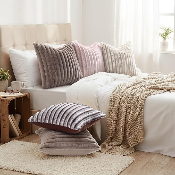 decorUhome Fall Faux Fur Throw Pillow Covers 24x24 Set of 2 Light Coffee | - Image 4
