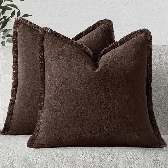 MIULEE Linen Fringe Decorative Fall Euro Pillow Covers Dark Brown 24x24 | Set by MIULEE