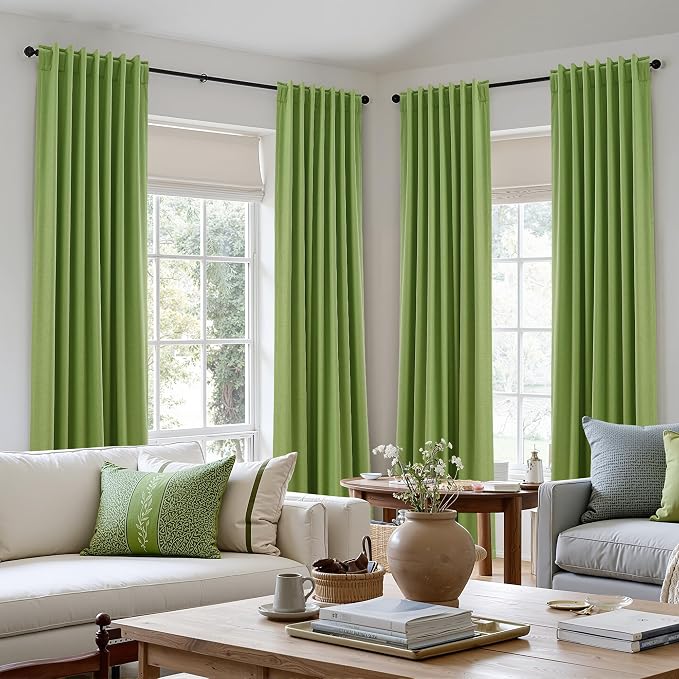 Lime Green 100% Blackout Linen Curtains 108 Inch Length 2 Panels Set - Image 10