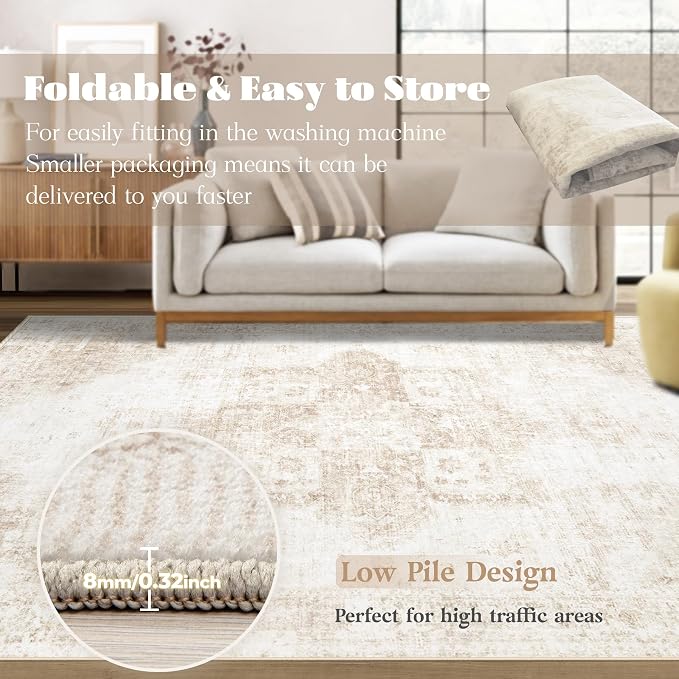 Area Rug 3x5 Washable Rug, Vintage Boho Medallion Entryway Rug Non-Slip Soft - Image 6
